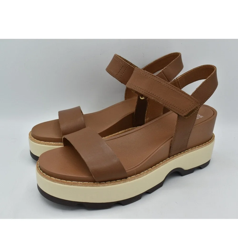 Sorel Women Size 9.5 Joanie IV Velvet Tan Brown Y Strap Wedge Sandals Shoes